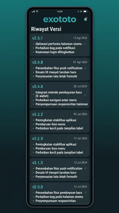 Tampilan riwayat versi exototo